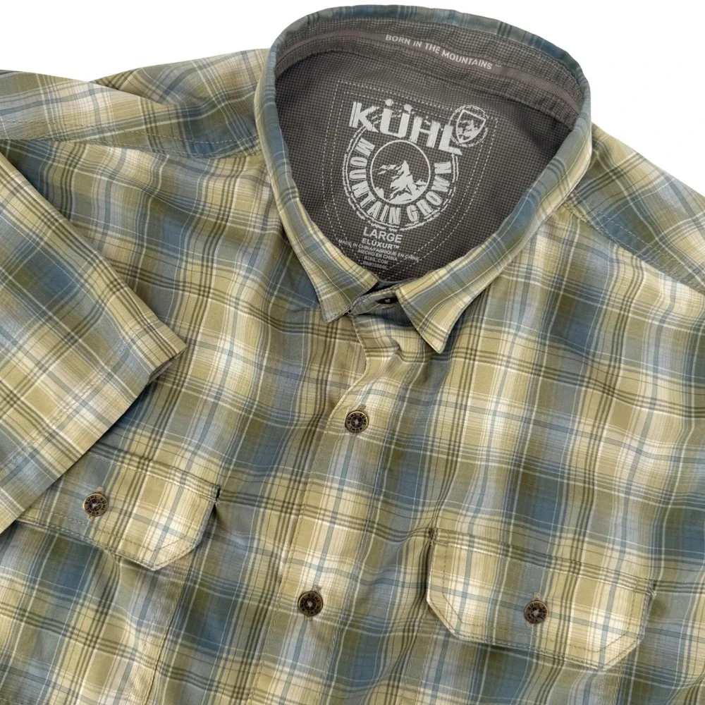 Kuhl Eluxur Mens Large Green Plaid Short Sleeve Button Down Hiking Outdoor Shirt